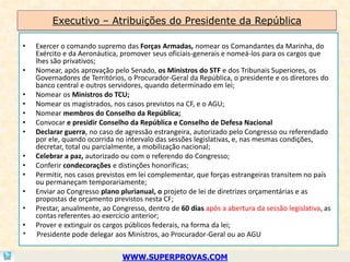 Executivo – Atribuições do Presidente da República

•   Exercer o comando supremo das Forças Armadas, nomear os Comandantes da Marinha, do
    Exército e da Aeronáutica, promover seus oficiais-generais e nomeá-los para os cargos que
    lhes são privativos;
•   Nomear, após aprovação pelo Senado, os Ministros do STF e dos Tribunais Superiores, os
    Governadores de Territórios, o Procurador-Geral da República, o presidente e os diretores do
    banco central e outros servidores, quando determinado em lei;
•   Nomear os Ministros do TCU;
•   Nomear os magistrados, nos casos previstos na CF, e o AGU;
•   Nomear membros do Conselho da República;
•   Convocar e presidir Conselho da República e Conselho de Defesa Nacional
•   Declarar guerra, no caso de agressão estrangeira, autorizado pelo Congresso ou referendado
    por ele, quando ocorrida no intervalo das sessões legislativas, e, nas mesmas condições,
    decretar, total ou parcialmente, a mobilização nacional;
•   Celebrar a paz, autorizado ou com o referendo do Congresso;
•   Conferir condecorações e distinções honoríficas;
•   Permitir, nos casos previstos em lei complementar, que forças estrangeiras transitem no país
    ou permaneçam temporariamente;
•   Enviar ao Congresso plano plurianual, o projeto de lei de diretrizes orçamentárias e as
    propostas de orçamento previstos nesta CF;
•   Prestar, anualmente, ao Congresso, dentro de 60 dias após a abertura da sessão legislativa, as
    contas referentes ao exercício anterior;
•   Prover e extinguir os cargos públicos federais, na forma da lei;
*   Presidente pode delegar aos Ministros, ao Procurador-Geral ou ao AGU

                               WWW.SUPERPROVAS.COM
 