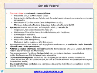 Senado Federal

•   Processa e julgar nos crimes de responsabilidade:
      – Presidente, Vice, e os Ministros de Estado
      – Comandantes da Marinha, do Exército e da Aeronáutica nos crimes da mesma natureza conexos
          com aqueles;
      – Ministros do STF, o Procurador-Geral da República e o AGU;
      – Membros do Conselho Nacional de Justiça e do Conselho Nacional do MP
•   Aprova previamente, voto secreto, após argüição pública, a escolha de:
      – magistrados, nos casos estabelecidos nesta CF;
      – Ministros do Tribunal de Contas da União indicados pelo Presidente;
      – Governador de Território;
      – presidente e diretores do banco central;
      – Procurador-Geral da República;
      – titulares de outros cargos que a lei determinar;
•   Aprova previamente, voto secreto, após argüição em sessão secreta, a escolha dos chefes de missão
    diplomática de caráter permanente;
•   Autoriza operações externas de natureza financeira, de interesse da União, dos Estados, do Distrito
    Federal, dos Territórios e dos Municípios;
•   Fixa, por proposta do Presidente, limites globais para o montante da dívida consolidada da
    União, dos Estados, do Distrito Federal e dos Municípios;
•   Dispõe sobre limites globais e condições para as operações de crédito externo e interno da
    União, dos Estados, do DF e dos Municípios, de suas autarquias e demais entidades controladas pelo
    Poder Público federal;
•   Dispõe sobre limites e condições para a concessão de garantia da União em operações de crédito
    externo e interno

                                WWW.SUPERPROVAS.COM
 