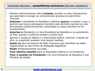 Congresso Nacional – competências exclusivas (Decreto Legislativo)


•    Resolver definitivamente sobre tratados, acordos ou atos internacionais
     que acarretem encargos ou compromissos gravosos ao patrimônio
     nacional;
•    Autorizar o Presidente da República a declarar guerra, a celebrar a paz, a
     permitir que forças estrangeiras transitem pelo território nacional ou nele
     permaneçam temporariamente, ressalvados os casos previstos em lei
     complementar;
•    Autorizar o Presidente e o Vice-Presidente da República a se ausentarem
     do País, quando a ausência exceder a quinze dias;
•    Aprovar o estado de defesa e a intervenção federal, autorizar o estado de
     sítio, ou suspender qualquer uma dessas medidas;
•    Sustar os atos normativos do Poder Executivo que exorbitem do poder
     regulamentar ou dos limites de delegação legislativa;
•    Mudar temporariamente sua sede;
•    Fixar idêntico subsídio para os Deputados Federais e os Senadores;
•    Fixar o subsídio do Presidente e do Vice-Presidente da República e dos
     Ministros de Estado.




                          WWW.SUPERPROVAS.COM
 