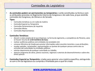 Comissões do Legislativo

•   As comissões podem ser permanentes ou temporárias e serão constituídas na forma e com
    as atribuições previstas no Regimento Interno do Congresso e de cada Casa, já que existirão
    comissões do Congresso, da Câmara e do Senado.
•   Tipos:
     –   Comissões temáticas ou em razão da matéria
     –   Comissão Especial ou Temporária
     –   Comissões Parlamentares de Inquérito
     –   Comissões Mistas
     –   Comissões Representativas

•   Comissões Temáticas:
     –   discutir e votar projeto de lei que dispensar, na forma do regimento, a competência do Plenário, salvo
         se houver recurso de 1/10 membros da Casa;
     –   realizar audiências públicas com entidades da sociedade civil;
     –   convocar Ministros de Estado para prestar informações sobre assuntos inerentes a suas atribuições;
     –   receber petições, reclamações, representações ou queixas de qualquer pessoa contra atos ou
         omissões das autoridades ou entidades públicas;
     –   solicitar depoimento de qualquer autoridade ou cidadão;
     –   apreciar programas de obras, planos nacionais, regionais e setoriais de desenvolvimento e sobre eles
         emitir parecer.

•   Comissões Especial ou Temporária: criadas para apreciar uma matéria específica, extinguindo-
    se com o fim da legislatura ou cumprida a finalidade para a qual foi criada.



                                  WWW.SUPERPROVAS.COM
 