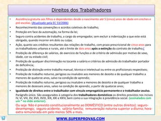 Direitos dos Trabalhadores
•   Assistência gratuita aos filhos e dependentes desde o nascimento até 5 (cinco) anos de idade em creches e
    pré-escolas; (Atualizado pela EC 53/2006)
•   Reconhecimento das convenções e acordos coletivos de trabalho;
•   Proteção em face da automação, na forma da lei;
•   Seguro contra acidentes de trabalho, a cargo do empregador, sem excluir a indenização a que este está
    obrigado, quando incorrer em dolo ou culpa;
•   Ação, quanto aos créditos resultantes das relações de trabalho, com prazo prescricional de cinco anos para
    os trabalhadores urbanos e rurais, até o limite de dois anos após a extinção do contrato de trabalho;(
•   Proibição de diferença de salários, de exercício de funções e de critério de admissão por motivo de sexo,
    idade, cor ou estado civil;
•   Proibição de qualquer discriminação no tocante a salário e critérios de admissão do trabalhador portador
    de deficiência;
•   Proibição de distinção entre trabalho manual, técnico e intelectual ou entre os profissionais respectivos;
•   Proibição de trabalho noturno, perigoso ou insalubre aos menores de dezoito e de qualquer trabalho a
    menores de quatorze anos, salvo na condição de aprendiz;
•   Proibição de trabalho noturno, perigoso ou insalubre a menores de dezoito e de qualquer trabalho a
    menores de dezesseis anos, salvo na condição de aprendiz, a partir de quatorze anos;
•   Igualdade de direitos entre o trabalhador com vínculo empregatício permanente e o trabalhador avulso.
    Parágrafo único. São assegurados à categoria dos trabalhadores domésticos os direitos previstos nos incisos
    IV, VI, VIII, XV, XVII, XVIII, XIX, XXI e XXIV, bem como a sua integração à previdência social. (assinalados com
    um * no slide anterior).
    Ou seja: Não é previsto constitucionalmente ao DOMÉSTICO (entre outros direitos): seguro-
    desemprego; seguro-acidente; salário-família; remuneração noturna superior a diurna; hora-
    extra remunerada em pelo menos 50% a mais.
                                     WWW.SUPERPROVAS.COM
 