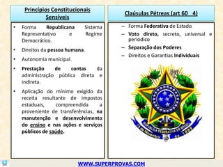 Princípios Constitucionais
                                         Claúsulas Pétreas (art 60 4)
              Sensíveis
•   Forma     Republicana    Sistema    – Forma Federativa de Estado
    Representativo     e     Regime     – Voto direto, secreto, universal e
    Democrático.                          periódico
•   Direitos da pessoa humana.          – Separação dos Poderes
                                        – Direitos e Garantias Individuais
•   Autonomia municipal.
•   Prestação    de    contas   da
    administração pública direta e
    indireta.
•   Aplicação do mínimo exigido da
    receita resultante de impostos
    estaduais,    compreendida      a
    proveniente de transferências, na
    manutenção e desenvolvimento
    do ensino e nas ações e serviços
    públicos de saúde.




                            WWW.SUPERPROVAS.COM
 
