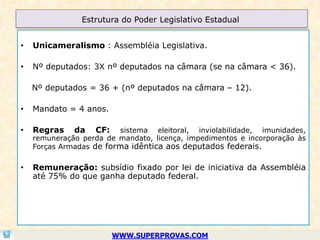 Estrutura do Poder Legislativo Estadual


•   Unicameralismo : Assembléia Legislativa.

•   Nº deputados: 3X nº deputados na câmara (se na câmara < 36).

    Nº deputados = 36 + (nº deputados na câmara – 12).

•   Mandato = 4 anos.

•   Regras    da   CF:    sistema eleitoral, inviolabilidade, imunidades,
    remuneração perda de mandato, licença, impedimentos e incorporação às
    Forças Armadas de forma idêntica aos deputados federais.

•   Remuneração: subsídio fixado por lei de iniciativa da Assembléia
    até 75% do que ganha deputado federal.




                         WWW.SUPERPROVAS.COM
 