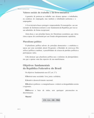 Direito Constitucional
Valores sociais do trabalho e da livre iniciativa
A garantia de protecao ao trabalho nao alcanca apenas o trabalhador,
na condicao de empregado, mas tambem o trabalhador autônomo e o
empregador.
A livreiniciativa busca proteger o empreendedor. Os monopolios sao um
exemplo de fenômeno contrario a este fundamento da Republica,por isso so
sao admitidos de forma excepcional.
Alem disso, e um princfpio basico do liberalismo econômico, que deixa
clara a opcao do constituinte por um Estado obrigatoriamente capitalista.
Pluralismo político
O pluralismo polftico advem do princfpio democratico e estabelece a
opcao por uma sociedade plural. Elegarante a liberdade de conviccao filo-
sofica e polftica e, tambem, a possibilidade de criacao de partidos polfticos e
participacao neles.
Cabe destacar que pluralismo polftico nao e sinônimo de pluripartidaris-
mo, que e apenas uma das especies de sua manifestacao.
Objetivos fundamentais
da República Federativa do Brasil
Os objetivos fundamentais sao (CF, art. 3.º):
COnstruir uma sociedade livre, justa e solidaria;
GArantir o desenvolvimento nacional;
ERradicar a pobreza e a marginalizacao e reduzir as desigualdadessociais
e regionais;
PROmover o bem de todos, sem quaisquer preconceitos ou
discriminacao.
Macete!
10
CO – GA – ER – PRO
 