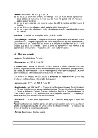 - efeito: vinculante - art. 102, § 2º, da CF.
a) a) se o juiz ainda não proferiu a sentença – não vai mais decidir a prejudicial –
stare decisis et non quieta movere (não se mexe no que já está em repouso) –
poderá decidir o mérito;
b) b) se já tem sentença – no mesmo sentido da ADC é mantida, sentido inverso é
desfeita
c) c) se já tem coisa julgada – não é atingida (difícil de acontecer)
d) d) se o proc. não foi ajuizado – não irá conhecer da ação – pedido juridicamente
impossível
- cautelar : possível, por analogia – poder geral de cautela.
- interpretação conforme - interpretar é buscar o significado e o alcance da norma
(hermenêutica). Na prática podemos ter várias interpretações de uma mesma norma,
uma contrária à CF, outra mais ou menos e a terceira de acordo com a CF – esta
terceira que deve ser adotada – aplica o princ. da conservação das normas e da
economia do ordenamento – visa salvar a lei – tem efeito vinculante.
d) ADIN por omissão
- origem: Constituição de Portugal
- fundamento: art. 103, § 2º, da CF
- pressuposto: norma de eficácia jurídica limitada – direito constitucional nela
previsto, cujo exercício se mostra inviabilizado em razão da omissão do legislador ou,
se o caso, do administrador. Falta medida legislativa (mera comunicação ao CN, sem
coercitividade) ou administrativa (manda cumprir em 30 dias)
- as normas de eficácia limitada causa a Síndrome de inefetividade, já que não
produzem efeitos antes da intervenção do legislador.
- competência: STF - art. 103, § 1º, da CF
- legitimidade: art. 103, da CF - Presidente da República, Mesa do Senado Federal,
da Câmara dos Deputados, Assembléia Legislativa e Câmara Legislativa, Governador
do Estado e do Distrito Federal, Procurador Geral da República, Conselho Federal da
OAB, Partido político com representação no Congresso Nacional, Confederação
sindical ou Entidade de classe de âmbito nacional.
- diferenças - ADIN = efeito erga omnes e Mandado de Injunção = efeito inter
partes
Apesar desta diferente eles tem pontos em comum: ambos tem como pressuposto um
direito constitucional previsto em uma norma de eficácia limitada - a finalidade de
ambos é viabilizar o exercício deste direito.
- formas de omissão: total ou parcial
 