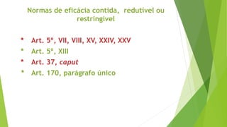 Normas de eficácia contida, redutível ou
restringível
* Art. 5º, VII, VIII, XV, XXIV, XXV
* Art. 5º, XIII
* Art. 37, caput
* Art. 170, parágrafo único
 