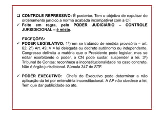 DIREITO CONSTITUCIONAL
Professora Amanda Alves Almozara
34
CONTROLE REPRESSIVO: É posterior. Tem o objetivo de expulsar do
ordenamento jurídico a norma acabada incompatível com a CF.
Feito em regra, pelo PODER JUDICIÁRIO – CONTROLE
JURISDICIONAL – é misto.
EXCEÇÕES:
PODER LEGISLATIVO: 1º) em se tratando de medida provisória – art.
62; 2º) Art. 49, V = lei delegada ou decreto autônomo ou independente.
Congresso delimita a matéria que o Presidente pode legislar, mas se
editar exorbitando o poder, o CN pode sustar, suspender a lei. 3º)
Tribunal de Contas: reconhece a inconstitucionalidade no caso concreto.
Não é órgão jurisdicional. Súmula 347 do STF.
PODER EXECUTIVO: Chefe do Executivo pode determinar a não
aplicação da lei por entendê-la inconstitucional. A AP não obedece a lei,
Tem que dar publicidade ao ato.
 