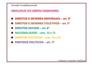 Direito Constitucional
Professora Amanda Almozara
48
ABRANGÊNCIA DOS DIREITOS FUNDAMENTAIS:
DIREITOS E DEVERES INDIVIDUAIS – art. 5º
DIREITOS E DEVERES COLETIVOS – art. 5º
DIREITOS SOCIAIS – art. 6º
NACIONALIDADE – arts. 12 e 13
DIREITOS POLÍTICOS – arts. 14 e 16
PARTIDOS POLÍTICOS - art. 17
48
 