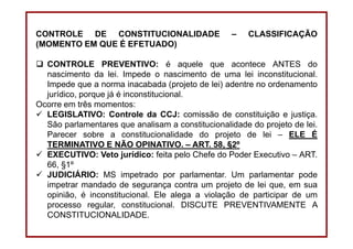DIREITO CONSTITUCIONAL
Professora Amanda Alves Almozara
33
CONTROLE DE CONSTITUCIONALIDADE – CLASSIFICAÇÃO
(MOMENTO EM QUE...