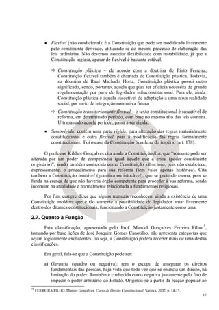 • Flexível (não condicional): é a Constituição que pode ser modificada livremente
            pelo constituinte derivado, utilizando-se do mesmo processo de elaboração das
            leis ordinárias. Não devemos associar flexibilidade com instabilidade, já que a
            Constituição inglesa, apesar de flexível é bastante estável.

                   Constituição plástica – de acordo com a doutrina de Pinto Ferreira,
                   Constituição flexível também é chamada de Constituição plástica. Todavia,
                   na doutrina de Raul Machado Horta, Constituição plástica possui outro
                   significado, sendo, portanto, aquela que para ter eficácia necessita de grande
                   regulamentação por parte do legislador infraconstitucional. Para ele, ainda,
                   Constituição plástica é aquela suscetível de adaptação a uma nova realidade
                   social, por meio de integração normativa futura.
                   Constituição transitoriamente flexível – o texto constitucional é suscetível de
                   reforma, em determinado período, com base no mesmo rito das leis comuns.
                   Ultrapassado aquele período, passa a ser rígida.
          • Semirrígida: contém uma parte rígida, para alteração das regras materialmente
            constitucionais e outra flexível, para a modificação das regras formalmente
            constitucionais. Foi o caso da Constituição brasileira do império (art. 178).

       O professor Kildare Gonçalves cita ainda a Constituição fixa, que “somente pode ser
alterada por um poder de competência igual àquele que a criou (poder constituinte
originário)”, sendo também conhecida como Constituição silenciosa, pois não estabelece,
expressamente, o procedimento para sua reforma (tem valor apenas histórico). Cita
também a Constituição imutável (granítica ou intocável), que se pretende eterna, pois se
funda na crença de que não haveria órgão competente para proceder à sua reforma, sendo
incomum na atualidade e normalmente relacionada a fundamentos religiosos.

       Por fim, cumpre dizer que alguns manuais reconhecem ainda a existência de uma
Constituição moldura que é tão somente a possibilidade do legislador atuar livremente
dentro dos ditames constitucionais, funcionando a Constituição justamente como uma.

2.7. Quanto à Função
        Esta classificação, apresentada pelo Prof. Manoel Gonçalves Ferreira Filho15,
tomando por base lições de José Joaquim Gomes Canotilho, não apresenta categorias que
sejam logicamente excludentes, ou seja, a Constituição poderá receber mais de uma destas
classificações.

          Em geral, fala-se que a Constituição pode ser:

          a) Garantia (quadro ou negativa): tem o escopo de assegurar os direitos
             fundamentais das pessoas, haja vista que toda vez que se enuncia um direito, há
             limitação do poder. Também é conhecida como negativa justamente pelo fato de
             impedir o poder arbitrário do Estado. Originou-se a partir da reação popular ao
15
     FERREIRA FILHO, Manoel Gonçalves. Curso de Direito Constitucional. Saraiva, 2002, p. 14-15.
                                                                                                   12
 