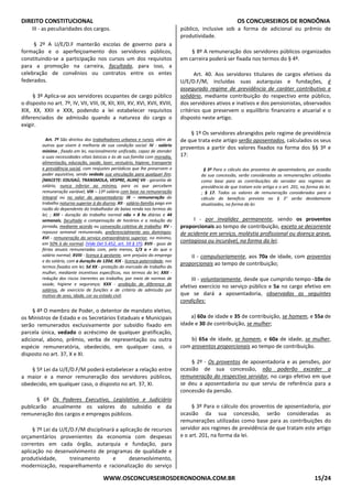 DIREITO CONSTITUCIONAL OS CONCURSEIROS DE RONDÔNIA
WWW.OSCONCURSEIROSDERONDONIA.COM.BR 15/24
III - as peculiaridades dos cargos.
§ 2º A U/E/D.F manterão escolas de governo para a
formação e o aperfeiçoamento dos servidores públicos,
constituindo-se a participação nos cursos um dos requisitos
para a promoção na carreira, facultada, para isso, a
celebração de convênios ou contratos entre os entes
federados.
§ 3º Aplica-se aos servidores ocupantes de cargo público
o disposto no art. 7º, IV, VII, VIII, IX, XII, XIII, XV, XVI, XVII, XVIII,
XIX, XX, XXII e XXX, podendo a lei estabelecer requisitos
diferenciados de admissão quando a natureza do cargo o
exigir.
Art. 7º São direitos dos trabalhadores urbanos e rurais, além de
outros que visem à melhoria de sua condição social: IV - salário
mínimo , fixado em lei, nacionalmente unificado, capaz de atender
a suas necessidades vitais básicas e às de sua família com moradia,
alimentação, educação, saúde, lazer, vestuário, higiene, transporte
e previdência social, com reajustes periódicos que lhe preservem o
poder aquisitivo, sendo vedada sua vinculação para qualquer fim;
[MACETE: EDUSAÚ, TRANSMOLA, VESPRE, ALIHI] VII - garantia de
salário, nunca inferior ao mínimo, para os que percebem
remuneração variável; VIII – 13º salário com base na remuneração
integral ou no valor da aposentadoria; IX – remuneração do
trabalho noturno superior à do diurno; XII - salário-família pago em
razão do dependente do trabalhador de baixa renda nos termos da
lei; ; XIII - duração do trabalho normal não + 8 hs diárias e 44
semanais, facultada a compensação de horários e a redução da
jornada, mediante acordo ou convenção coletiva de trabalho; XV -
repouso semanal remunerado, preferencialmente aos domingos;
XVI - remuneração do serviço extraordinário superior, no mínimo,
em 50% à do normal; (Vide Del 5.452, art. 59 § 1º); XVII - gozo de
férias anuais remuneradas com, pelo menos, 1/3 a + do que o
salário normal; XVIII - licença à gestante, sem prejuízo do emprego
e do salário, com a duração de 120d; XIX - licença-paternidade, nos
termos fixados em lei; 5d XX - proteção do mercado de trabalho da
mulher, mediante incentivos específicos, nos termos da lei; XXII -
redução dos riscos inerentes ao trabalho, por meio de normas de
saúde, higiene e segurança; XXX - proibição de diferença de
salários, de exercício de funções e de critério de admissão por
motivo de sexo, idade, cor ou estado civil;
§ 4º O membro de Poder, o detentor de mandato eletivo,
os Ministros de Estado e os Secretários Estaduais e Municipais
serão remunerados exclusivamente por subsídio fixado em
parcela única, vedado o acréscimo de qualquer gratificação,
adicional, abono, prêmio, verba de representação ou outra
espécie remuneratória, obedecido, em qualquer caso, o
disposto no art. 37, X e XI.
§ 5º Lei da U/E/D.F/M poderá estabelecer a relação entre
a maior e a menor remuneração dos servidores públicos,
obedecido, em qualquer caso, o disposto no art. 37, XI.
§ 6º Os Poderes Executivo, Legislativo e Judiciário
publicarão anualmente os valores do subsídio e da
remuneração dos cargos e empregos públicos.
§ 7º Lei da U/E/D.F/M disciplinará a aplicação de recursos
orçamentários provenientes da economia com despesas
correntes em cada órgão, autarquia e fundação, para
aplicação no desenvolvimento de programas de qualidade e
produtividade, treinamento e desenvolvimento,
modernização, reaparelhamento e racionalização do serviço
público, inclusive sob a forma de adicional ou prêmio de
produtividade.
§ 8º A remuneração dos servidores públicos organizados
em carreira poderá ser fixada nos termos do § 4º.
Art. 40. Aos servidores titulares de cargos efetivos da
U/E/D.F/M, incluídas suas autarquias e fundações, é
assegurado regime de previdência de caráter contributivo e
solidário, mediante contribuição do respectivo ente público,
dos servidores ativos e inativos e dos pensionistas, observados
critérios que preservem o equilíbrio financeiro e atuarial e o
disposto neste artigo.
§ 1º Os servidores abrangidos pelo regime de previdência
de que trata este artigo serão aposentados, calculados os seus
proventos a partir dos valores fixados na forma dos §§ 3º e
17:
§ 3º Para o cálculo dos proventos de aposentadoria, por ocasião
da sua concessão, serão consideradas as remunerações utilizadas
como base para as contribuições do servidor aos regimes de
previdência de que tratam este artigo e o art. 201, na forma da lei.
; § 17. Todos os valores de remuneração considerados para o
cálculo do benefício previsto no § 3° serão devidamente
atualizados, na forma da lei.
I - por invalidez permanente, sendo os proventos
proporcionais ao tempo de contribuição, exceto se decorrente
de acidente em serviço, moléstia profissional ou doença grave,
contagiosa ou incurável, na forma da lei;
II - compulsoriamente, aos 70a de idade, com proventos
proporcionais ao tempo de contribuição;
III - voluntariamente, desde que cumprido tempo -10a de
efetivo exercício no serviço público e 5a no cargo efetivo em
que se dará a aposentadoria, observadas as seguintes
condições:
a) 60a de idade e 35 de contribuição, se homem, e 55a de
idade e 30 de contribuição, se mulher;
b) 65a de idade, se homem, e 60a de idade, se mulher,
com proventos proporcionais ao tempo de contribuição.
§ 2º - Os proventos de aposentadoria e as pensões, por
ocasião de sua concessão, não poderão exceder a
remuneração do respectivo servidor, no cargo efetivo em que
se deu a aposentadoria ou que serviu de referência para a
concessão da pensão.
§ 3º Para o cálculo dos proventos de aposentadoria, por
ocasião da sua concessão, serão consideradas as
remunerações utilizadas como base para as contribuições do
servidor aos regimes de previdência de que tratam este artigo
e o art. 201, na forma da lei.
 