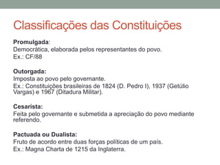 Promulgada:
Democrática, elaborada pelos representantes do povo.
Ex.: CF/88
Outorgada:
Imposta ao povo pelo governante.
Ex.: Constituições brasileiras de 1824 (D. Pedro I), 1937 (Getúlio
Vargas) e 1967 (Ditadura Militar).
Cesarista:
Feita pelo governante e submetida a apreciação do povo mediante
referendo.
Pactuada ou Dualista:
Fruto de acordo entre duas forças políticas de um país.
Ex.: Magna Charta de 1215 da Inglaterra.
Classificações das Constituições
 