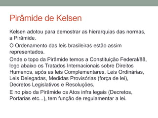 Pirâmide de Kelsen
Kelsen adotou para demostrar as hierarquias das normas,
a Pirâmide.
O Ordenamento das leis brasileiras estão assim
representados.
Onde o topo da Pirâmide temos a Constituição Federal/88,
logo abaixo os Tratados Internacionais sobre Direitos
Humanos, após as leis Complementares, Leis Ordinárias,
Leis Delegadas, Medidas Provisórias (força de lei),
Decretos Legislativos e Resoluções.
E no piso da Pirâmide os Atos infra legais (Decretos,
Portarias etc...), tem função de regulamentar a lei.
 