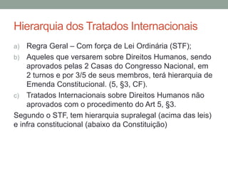 Hierarquia dos Tratados Internacionais
a) Regra Geral – Com força de Lei Ordinária (STF);
b) Aqueles que versarem sobre Direitos Humanos, sendo
aprovados pelas 2 Casas do Congresso Nacional, em
2 turnos e por 3/5 de seus membros, terá hierarquia de
Emenda Constitucional. (5, §3, CF).
c) Tratados Internacionais sobre Direitos Humanos não
aprovados com o procedimento do Art 5, §3.
Segundo o STF, tem hierarquia supralegal (acima das leis)
e infra constitucional (abaixo da Constituição)
 