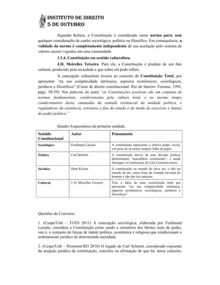 Segundo Kelsen, a Constituição é considerada como norma pura sem
                                                                           pura,
qualquer consideração de cunho sociológico, político ou filosófico. Em consequência, a
validade da norma é completamente independente de sua aceitação pelo sistema de
      de
valores sociais vigentes em uma comunidade.
              1.1.4. Constituição em sentido culturalista.
             J.H. Meirelles Teixeira. Para ele, a Constituição é produto de um fato
                             Teixeira.
cultural, produzido pela sociedade e que sobre ela pode influir.
            A concepção culturalista levaria ao conceito de Constituição Total, por
                                                                               Total
apresentar “na sua complexidade intrínseca, aspectos econômicos, socio      sociológicos,
jurídicos e filosóficos” (Curso de direito constitucional. Rio de Janeiro: Forense, 1991,
págs. 58-59). Nas palavras do autor “as Constituições positivas são um conjunto de
normas fundamentais, condicionadas pela cultura total, e ao mesmo tempo
condicionantes desta, emanadas da vontade existencial da unidade política, e
   ndicionantes
reguladoras da existência, estrutura e fins do estado e do modo de exercício e limites
do poder político.”


              Quadro Esquemático da primeira unidade.
Sentido               Autor                      Pensamento
Constitucional
Sociológico           Ferdinand Lassale          A constituição representa o efetivo poder social,
                                                 sob pena de se tornar simples folha de papel
Político              Carl Schmitt               A constituição deriva de uma decisão política
                                                 determinante “assembléia constituinte”, e ainda
                                                 distingue a Constituição de Leis Constitucionais.
                                                   stingue
Jurídico              Hans Kelsen                A constituição no mundo do deve ser, e não no
                                                 mundo do ser, como fruto da vontade racional do
                                                 homem e não das leis naturais.
Cultural              J. H. Meirelles Teixeira   Traz a idéia de uma constituição total por
                                                 apresentar “na sua complexidade intrínseca,
                                                 aspectos econômicos, sociológicos, jurídicos e
                                                 filosóficos”




Questões de Concurso.

1. (Cespe/Unb – TJ/ES 2011) A concepção sociológica, elaborada por Ferdinand
Lassale, considera a Constituição como sendo a somatória dos fatores reais de poder,
isto é, o conjunto de forças de índole política, econômica e religiosa que condicionam o
ordenamento jurídico de determinada sociedade.
                          determin

2. (Cespe/Unb – Promotor/RO 2010) O legado de Carl Schmitt, considerado expoente
da acepção jurídica da constituição, consistiu na afirmação de que há, nesse conceito,
 