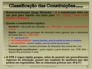    Heteroconstituição (Jorge Miranda) – é a constituição feita em
    um país para vigorar em outro país. (Ex.: Chipe – feita entre
    Grécia e Turquia).

   Quanto a estabilidade/rigidez:
       Imutável – não pode ser alterada. (ex.: CFB 1824 – imutável nos primeiros
        4 anos)
       Rígida – possui um processo de alteração mais rigoroso que o destinado
        às outras leis. (ex.: CFB 1988)
           CF – quorum de 3/5
           LEI COMPLEMENTAR – maisria absoluta, mais da metade de todos os membros
           LEI ORDINÁRIA – maioria simples, mais da metade dos presentes.
       Flexivel – possui o mesmo processo de alteração das outras leis. (ex.:
       Semirrígida/semiflexivel – parte rígida e parte flexível. (ex.: CFB 1824 –
        depois dos primeiros 4 anos.

   A CFB é super-rígida porque, além de possuir um procedimento
    rigoroso de alteração, possui um conjunto de matérias que não
    podem ser suprimidas. São as cláusulas pétreas (art. 60 § 4º)
    12/01/13                     Notas de Aula / Prof. Fabrício Martins               12
 