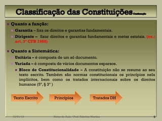    Quanto a função:
       Garantia – fixa os direitos e garantias fundamentais.
       Dirigente – fixar direitos e garantias fundamentais e metas estatais. (ex.:
        art. 3º CFB 1988)

   Quanto a Sistemática:
       Unitária – é composta de um só documento.
       Variada – é composta de vários documentos esparsos.
           Bloco de Constitucionalidade – A constituição não se resume ao seu
            texto escrito. Também são normas constitucionais os princípios nela
            implícitos, bem como os tratados internacionais sobre os direitos
            humanos (5º, § 3º )


        Texto Escrito        Princípios                      Tratados DH



    12/01/13                 Notas de Aula / Prof. Fabrício Martins               9
 