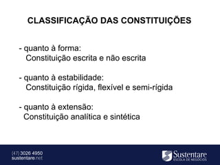 CLASSIFICAÇÃO DAS CONSTITUIÇÕES


   - quanto à forma:
     Constituição escrita e não escrita

   - quanto à estabilidade:
     Constituição rígida, flexível e semi-rígida

   - quanto à extensão:
     Constituição analítica e sintética



(47) 3026 4950
sustentare.net
 