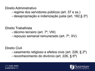 Direito Administrativo
     - regime dos servidores públicos (art. 37 e ss.)
     - desapropriação e indenização justa (art. 182,§ 3º)


Direito Trabalhista
     - décimo terceiro (art. 7º, VIII)
     - repouso semanal remunerado (art. 7º, XV)


Direito Civil
     - casamento religioso e efeitos civis (art. 226, § 2º)
     - reconhecimento do divórcio (art. 226, § 6º)

(47) 3026 4950
sustentare.net
 