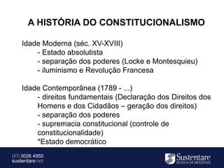 A HISTÓRIA DO CONSTITUCIONALISMO

    Idade Moderna (séc. XV-XVIII)
        - Estado absolutista
        - separação dos poderes (Locke e Montesquieu)
        - iluminismo e Revolução Francesa

    Idade Contemporânea (1789 - ...)
        - direitos fundamentais (Declaração dos Direitos dos
        Homens e dos Cidadãos – geração dos direitos)
        - separação dos poderes
        - supremacia constitucional (controle de
        constitucionalidade)
        *Estado democrático
(47) 3026 4950
sustentare.net
 