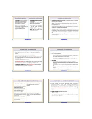 Comissões do LegislativoComissões do Legislativo
• Comissão Mista: formada por deputados e
senadores para apreciarem os assuntos
que devam ser examinados em sessão
conjunta pelo Congresso. Ex: Comissão
Mista Permanente do Orçamento.
• Comissão Representativa: constitui-se só
durante o recesso parlamentar.A
representatividade será do Congresso; será
eleita na última sessão legislativa de cada
período legislativo (2/ano), com
atribuições definidas no regimento
comum.
WWW.SUPERPROVAS.COM
• Imunidade Material, Real ou Substantiva
(inviolabilidade):
Exclusão da prática de crime, bem como a
inviolabilidade civil, pelas opiniões,
palavras e votos dos parlamentares.
Irresponsabilidade geral (civil, penal,
política e administrativamente) desde que
o fato tenha ocorrido em razão do
exercício do mandato.
• Imunidade Processual, Formal ou
Adjetiva: regras sobre a prisão e processo
criminal dos parlamentares.
Imunidade dos ParlamentaresImunidade dos Parlamentares Imunidade dos ParlamentaresImunidade dos Parlamentares
• Imunidade Formal ou Processual para a prisão: Os parlamentares passam a ter a imunidade
para a prisão a partir da diplomação.
Regra geral: os parlamentares federais não poderão, em regra, ser presos, seja a prisão penal
(incluindo aí a prisão temporária, em flagrante delito de crime afiançável, por pronúncia,
preventiva) ou a prisão civil.
Exceção: flagrante de crime inafiançável; mesmo neste caso os autos deverão ser remetidos à
respectiva Casa no prazo de 24h, para que, pelo voto da maioria absoluta de seus membros
(votação aberta), resolva pela manutenção da prisão.
• Imunidade Processual, Formal para o processo: oferecida a denúncia, o Ministro do STF
poderá recebê-la sem a prévia licença da Casa. Após o recebimento se o crime ocorreu depois
da diplomação, o STF dará ciência à respectiva Casa que, por iniciativa de partido político nela
representado e por voto da maioria absoluta poderá, até a decisão final, sustar o andamento
da ação (suspende a prescrição também). O pedido de sustação deverá ser apreciado em 45
dias.
Se o crime ocorreu antes da diplomação o STF não precisa dar ciência à Casa e esta também
não poderá sustar o ato.
WWW.SUPERPROVAS.COM
Outras garantias dos ParlamentaresOutras garantias dos Parlamentares
• Foro privilegiado: a competência é do STFpara as infrações cometidas antes ou durante a
função parlamentar; no primeiro caso o processo não sofre qualquer interferência do
Legislativo;
• Incorporação às Forças Armadas: dependerá de prévia licença da Casa;
• Imunidades durante o estado de sítio poderão ser suspensas, por 2/3 dos membros da Casa,
nos casos de atos praticados fora do recinto do Congresso, que sejam incompatíveis com a
execução da medida;
• As imunidades parlamentares são irrenunciáveis.
• Aos parlamentares estaduais serão aplicadas as mesmas regras previstas na CF sobre sistema
eleitoral, inviolabilidade, imunidades, remuneração, perda de mandato, licença,
impedimentos e incorporação às forças armadas (prerrogativa do TJ e Assembléia Legislativa).
• Os parlamentares municipais somente terão a imunidade material e esta será restrita na
circunscrição municipal (não há imunidade formal para eles).
WWW.SUPERPROVAS.COM
Impedimentos dos ParlamentaresImpedimentos dos Parlamentares
• Os deputados e Senadores não poderão
• Desde a expedição do Diploma:
a) firmar ou manter contrato com pessoa jurídica de direito público, autarquia, empresa
pública, sociedade de economia mista ou empresa concessionária de serviço público,
salvo quando o contrato obedecer a cláusulas uniformes.
b) aceitar ou exercer cargo, função ou emprego remunerado, inclusive os que de que
sejam demissíveis “ad nutum”, nas entidades constantes da alínea anterior..
• Desde a posse:
a) Ser proprietários, controladores ou diretores de empresa que goze de favor
decorrente de contrato com pessoa jurídica de direito público, ou nela exercer função
remunerada;
b) ocupar cargo ou função de que sejam demissíveis ad nutum, nas entidades no inciso
I,a;
c) patrocinar causa em que seja interessada qualquer das entidades a que se refere o
inciso I,a;
d) ser titulares de mais de um cargo ou mandato público eletivo.
WWW.SUPERPROVAS.COM
Perda de Mandado – Deputados e SenadoresPerda de Mandado – Deputados e Senadores
WWW.SUPERPROVAS.COM
Hipóteses em que haverá perda do mandatoHipóteses em que haverá perda do mandato
• Quando investidos nos cargos de: Ministro de Estado, Governador de
Território, Secretário de Estado, do DF, de Território, de Prefeitura de
Capital ou chefe de missão diplomática temporária. Nestes casos poderá o
Deputado ou Senador optar pela remuneração do mandato. Nestes casos
ainda perderá as imunidades parlamentares; quem assume o seu lugar é o
suplente.
• Quando licenciado pela respectiva Casa por:
- Motivo de doença,
- For tratar, sem remuneração, de interesse particular (sem ultrapassar
120 dias por sessão legislativa).
WWW.SUPERPROVAS.COM
 