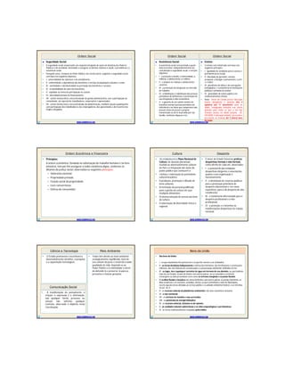 Ordem SocialOrdem Social
 Seguridade Social:
• A seguridade social compreende um conjunto integrado de ações de iniciativa dos Poderes
Públicos e da sociedade, destinadas a assegurar os direitos relativos à saúde, à previdência e à
assistência social.
• Parágrafo único. Compete ao Poder Público, nos termos da lei, organizar a seguridade social,
com base nos seguintes objetivos:
• I - universalidade da cobertura e do atendimento;
• II - uniformidade e equivalência dos benefícios e serviços às populações urbanas e rurais;
• III - seletividade e distributividade na prestação dos benefícios e serviços;
• IV - irredutibilidade do valor dos benefícios;
• V - eqüidade na forma de participação no custeio;
• VI - diversidade da base de financiamento;
• VII - caráter democrático e descentralizado da gestão administrativa, com a participação da
comunidade, em especial de trabalhadores, empresários e aposentados.
• VII - caráter democrático e descentralizado da administração, mediante gestão quadripartite,
com participação dos trabalhadores, dos empregadores, dos aposentados e do Governo nos
órgãos colegiados
WWW.SUPERPROVAS.COM
Ordem SocialOrdem Social
 Assistência Social:
• A assistência social será prestada a quem
dela necessitar, independentemente de
contribuição à seguridade social, e tem por
objetivos:
• I - a proteção à família, à maternidade, à
infância, à adolescência e à velhice;
• II - o amparo às crianças e adolescentes
carentes;
• III - a promoção da integração ao mercado
de trabalho;
• IV - a habilitação e reabilitação das pessoas
portadoras de deficiência e a promoção de
sua integração à vida comunitária;
• V - a garantia de um salário mínimo de
benefício mensal à pessoa portadora de
deficiência e ao idoso que comprovem não
possuir meios de prover à própria
manutenção ou de tê-la provida por sua
família, conforme dispuser a lei.
WWW.SUPERPROVAS.COM
 Ensino:
• O ensino será ministrado com base nos
seguintes princípios:
• I - igualdade de condições para o acesso e
permanência na escola;
• II - liberdade de aprender, ensinar,
pesquisar e divulgar o pensamento, a arte
e o saber;
• III - pluralismo de idéias e de concepções
pedagógicas, e coexistência de instituições
públicas e privadas de ensino;
• IV - gratuidade do ensino público em
estabelecimentos oficiais;
• Nota: Dever do Estado prover educação
básica obrigatória e gratuita dos 4
(quatro) aos 17 (dezessete) anos de
idade, assegurada inclusive sua oferta
gratuita para todos os que a ela não
tiveram acesso na idade própria (EC
59/2009). E educação infantil, em creche e
pré-escola, às crianças até 5 (cinco) anos
de idade.
Ordem SocialOrdem Social
Ordem Econômica e FinanceiraOrdem Econômica e Financeira
• Princípios:
A ordem econômica, fundada na valorização do trabalho humano e na livre
iniciativa, tem por fim assegurar a todos existência digna, conforme os
ditames da justiça social, observados os seguintes princípios:
– Soberania nacional;
– Propriedade privada;
– Função social da propriedade;
– Livre concorrência;
– Defesa do consumidor;
WWW.SUPERPROVAS.COM
CulturaCultura
• lei estabelecerá o Plano Nacional de
Cultura, de duração plurianual,
visando ao desenvolvimento cultural
do País e à integração das ações do
poder público que conduzem à:
• I defesa e valorização do patrimônio
cultural brasileiro;
• II produção, promoção e difusão de
bens culturais;
• III formação de pessoal qualificado
para a gestão da cultura em suas
múltiplas dimensões;
• IV democratização do acesso aos bens
de cultura;
• V valorização da diversidade étnica e
regional.
WWW.SUPERPROVAS.COM
• É dever do Estado fomentar práticas
desportivas formais e não-formais,
como direito de cada um, observados:
• I - a autonomia das entidades
desportivas dirigentes e associações,
quanto a sua organização e
funcionamento;
• II - a destinação de recursos públicos
para a promoção prioritária do
desporto educacional e, em casos
específicos, para a do desporto de alto
rendimento;
• III - o tratamento diferenciado para o
desporto profissional e o não-
profissional;
• IV - a proteção e o incentivo às
manifestações desportivas de criação
nacional.
DesportoDesporto
Ciência e TecnologiaCiência e Tecnologia
• O Estado promoverá e incentivará o
desenvolvimento científico, a pesquisa
e a capacitação tecnológicas.
WWW.SUPERPROVAS.COM
• Todos têm direito ao meio ambiente
ecologicamente equilibrado, bem de
uso comum do povo e essencial à sadia
qualidade de vida, impondo-se ao
Poder Público e à coletividade o dever
de defendê-lo e preservá- lo para as
presentes e futuras gerações.
Meio AmbienteMeio Ambiente
• A manifestação do pensamento, a
criação, a expressão e a informação,
sob qualquer forma, processo ou
veículo não sofrerão qualquer
restrição, observado o disposto nesta
Constituição.
Comunicação SocialComunicação Social
Bens da UniãoBens da União
• São bens da União:
• I - os que atualmente lhe pertencem e os que lhe vierem a ser atribuídos;
• II - as terras devolutas indispensáveis à defesa das fronteiras, das fortificações e construções
militares, das vias federais de comunicação e à preservação ambiental, definidas em lei;
• III - os lagos, rios e quaisquer correntes de água em terrenos de seu domínio, ou que banhem
mais de um Estado, sirvam de limites com outros países, ou se estendam a território
estrangeiro ou dele provenham, bem como os terrenos marginais e as praias fluviais;
• IV as ilhas fluviais e lacustres nas zonas limítrofes com outros países; as praias marítimas; as
ilhas oceânicas e as costeiras, excluídas, destas, as que contenham a sede de Municípios,
exceto aquelas áreas afetadas ao serviço público e a unidade ambiental federal, e as referidas
no art. 26, II;
• V - os recursos naturais da plataforma continental e da zona econômica exclusiva;
• VI - o mar territorial;
• VII - os terrenos de marinha e seus acrescidos;
• VIII - os potenciais de energia hidráulica;
• IX - os recursos minerais, inclusive os do subsolo;
• X - as cavidades naturais subterrâneas e os sítios arqueológicos e pré-históricos;
• XI - as terras tradicionalmente ocupadas pelos índios.
WWW.SUPERPROVAS.COM
 
