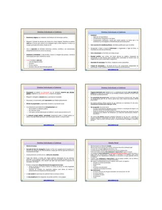 Direitos Individuais e ColetivosDireitos Individuais e Coletivos
• Assistência religiosa nas entidades civis/militares de internação coletiva;
• Ninguém é privado de direitos por motivo de crença religiosa, filosófica ou política,
salvo se as invocar para eximir-se de obrigação legal a todos imposta e recusar-se a
cumprir prestação alternativa, fixada em lei;
• Livre a expressão da atividade intelectual, artística, científica e de comunicação,
independentemente de censura ou licença;
• Invioláveis a intimidade, a vida privada, a honra e a imagem das pessoas, e direito a
indenização pelo dano material ou moral;
• Casa é inviolável, salvo em:
– Caso de flagrante delito
– Desastre,
– Prestar socorro,
– Durante o dia, por determinação judicial;
WWW.SUPERPROVAS.COM
Direitos Individuais e ColetivosDireitos Individuais e Coletivos
• Inviolável:
– Sigilo da correspondência.
– Comunicações telegráficas e de dados.
– Comunicações telefônicas, exceto por ordem judicial, na forma que a lei
estabelecer p/ investigação criminal/instrução processual penal;
• Livre exercício de trabalho/profissão, atendidas qualificações que lei definir;
• Assegurado a todos o acesso à informação e resguardado o sigilo da fonte, se
necessário ao exercício profissional;
• Livre a locomoção no território em tempo de paz;
• Reunião pacífica, sem armas, em locais abertos ao público, independe de
autorização, se não frustrar outra reunião antes convocada no mesmo local, só
exigido prévio aviso à autoridade competente;
• Liberdade de associação, fins lícitos, vedada de caráter paramilitar;
• Criação de associações e, na forma da lei, a de cooperativas independem de
autorização, sendo vedada a interferência estatal no funcionamento;
WWW.SUPERPROVAS.COM
Direitos Individuais e ColetivosDireitos Individuais e Coletivos
• Associações só podem ser dissolvidas ou ter atividade suspensa por decisão
judicial, exigindo-se, no primeiro caso, o trânsito em julgado;
• Ninguém é obrigado a associar-se ou a permanecer associado;
• Associação, se autorizada, pode representar seus filiados judicialmente;
• Direito de propriedade: propriedade atenderá a sua função social;
• Lei estabelecerá procedimento de desapropriação por :
– Necessidade ou utilidade pública
– Por interesse social
– Com justa e prévia indenização em dinheiro, exceto casos previstos na CF;
• Se iminente perigo público, autoridade competente pode o Estado poderá se
utilizar de propriedade particular com indenização ulterior, se houver dano;
WWW.SUPERPROVAS.COM
Direitos Individuais e ColetivosDireitos Individuais e Coletivos
• Pequena propriedade rural, definida em lei, se trabalhada pela família, não será objeto de
penhora para pagamento de débitos de sua atividade produtiva, dispondo a lei sobre meios
de financiar seu desenvolvimento.
• Se o proprietário não possuir outra: será Imune ao ITR (imposto territorial rural); Não pode
ser desapropriada para fins de reforma agrária (bem como também não poderá a MÉDIA
propriedade).
• Aos autores pertence direito exclusivo de uso, publicação ou reprodução de suas obras,
transmissível a herdeiros pelo tempo que lei fixe;
• São assegurados, nos termos da lei:
– Proteção às participações individuais em obras coletivas e à reprodução da imagem e voz
humanas, inclusive nas atividades desportivas;
– Direito de fiscalização do aproveitamento econômico das obras que criarem ou de que
participarem aos criadores, aos intérpretes e às respectivas representações sindicais e
associativas;
• Aos autores de inventos industriais privilégio temporário p/ seu uso uso, e proteção às
criações industriais, à propriedade das marcas, aos nomes de empresas e a outros signos
distintivos, tendo em vista o interesse social e o desenvolvimento tecnológico e econômico
do País;
WWW.SUPERPROVAS.COM
Direitos Individuais e ColetivosDireitos Individuais e Coletivos
• Direito de herança,
• Sucessão de bens de estrangeiros situados no País será regulada pela lei brasileira em
benefício do cônjuge ou dos filhos brasileiros, sempre que não lhes seja mais favorável a
lei pessoal do de cujus;
• Estado promoverá, na forma da lei, a defesa do consumidor;
• Todos têm direito a receber dos órgãos públicos informações de seu interesse
particular, ou de interesse coletivo ou geral, que serão prestadas no prazo da lei, sob
pena de responsabilidade, salvo aquelas cujo sigilo seja imprescindível à segurança da
sociedade e do Estado;
• À todos é assegurado, independentemente do pagamento de taxas:
– direito de petição aos Poderes Públicos em defesa de direito ou contra ilegalidade
ou abuso de poder;
– obtenção de certidões em repartições públicas, para defesa de direitos e
esclarecimento de situações de interesse pessoal;
• Lei não excluirá da apreciação do Judiciário lesão ou ameaça a direito;
• Lei não prejudicará direito adquirido, ato jurídico perfeito e coisa julgada;
WWW.SUPERPROVAS.COM
Direito PenalDireito Penal
• Não haverá juízo ou tribunal de exceção;
• Não há crime sem lei anterior que o defina, nem pena sem prévia cominação legal;
• Lei penal não retroagirá, salvo para beneficiar o réu;
• Lei punirá qualquer discriminação atentatória dos direitos fundamentais;
• Prática do racismo constitui crime inafiançável e imprescritível, sujeito à reclusão
• Lei considerará crimes inafiançáveis e insuscetíveis de graça ou anistia a prática da tortura, o
tráfico ilícito de entorpecentes e drogas afins, o terrorismo e os definidos como crimes
hediondos, por eles respondendo os mandantes, os executores e os que, podendo evitá-los,
se omitirem;
• Constitui crime inafiançável e imprescritível a ação de grupos armados, civis ou militares,
contra a ordem constitucional e o Estado Democrático;
• Lei regulará a individualização da pena e adotará, entre outras, as seguintes:
– privação ou restrição da liberdade;
– perda de bens;
– multa;
– prestação social alternativa;
– suspensão ou interdição de direitos;
• Não haverá penas:
– de morte, salvo em caso de guerra declarada, nos termos do art. 84, XIX;
– de caráter perpétuo;
– de trabalhos forçados;
– de banimento;
– Cruéis;
WWW.SUPERPROVAS.COM
 