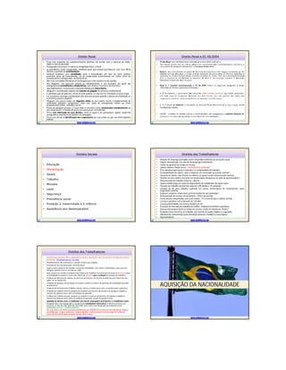 Direito PenalDireito Penal
• Pena será cumprida em estabelecimentos distintos, de acordo com a natureza do delito,
idade e sexo do apenado;
• Assegurado aos presos o respeito à integridade física e moral;
• às presidiárias serão asseguradas condições para que possam permanecer com seus filhos
durante o período de amamentação;
• Nenhum brasileiro será extraditado, salvo o naturalizado, em caso de crime comum,
praticado antes da naturalização, ou de comprovado envolvimento em tráfico ilícito de
entorpecentes e drogas afins, na forma da lei;
• Não será concedida extradição de estrangeiro por crime político ou de opinião;
• Aos litigantes, em processo judicial ou administrativo, e aos acusados em geral são
assegurados o contraditório e ampla defesa, com meios e recursos a ela inerentes;
• São inadmissíveis, no processo, as provas obtidas por meios ilícitos;
• Ninguém é considerado culpado até trânsito em julgado de sentença condenatória;
• É admitida ação privada nos crimes de ação pública, se esta não for intentada no prazo legal;
• Lei só poderá restringir a publicidade dos atos processuais quando a defesa da intimidade ou
o interesse social o exigirem;
• Ninguém será preso senão em flagrante delito ou por ordem escrita e fundamentada de
autoridade judiciária competente, salvo nos casos de transgressão militar ou crime
propriamente militar, definidos em lei;
• Prisão de qualquer pessoa e o local onde se encontre serão comunicados imediatamente ao
juiz competente e à família do preso ou à pessoa por ele indicada;
• Preso será informado de seus direitos, entre os quais o de permanecer calado, sendo-lhe
assegurada a assistência da família e de advogado;
• Preso tem direito à identificação dos responsáveis por sua prisão ou por seu interrogatório
policial;
WWW.SUPERPROVAS.COM
Direito Penal e EC 45/2004Direito Penal e EC 45/2004
WWW.SUPERPROVAS.COM
Direitos SociaisDireitos Sociais
• Educação
• Alimentação
• Saúde
• Trabalho
• Moradia
• Lazer
• Segurança
• Previdência social
• Proteção à maternidade e à infância
• Assistência aos desamparados
WWW.SUPERPROVAS.COM
Direitos dos TrabalhadoresDireitos dos Trabalhadores
• Relação de emprego protegida contra despedida arbitrária ou sem justa causa
• Seguro-desemprego, em caso de desemprego involuntário;
• Fundo de garantia do tempo de serviço;
• Salário mínimo, fixado em lei, nacionalmente unificado*
• Piso salarial proporcional à extensão e à complexidade do trabalho;
• Irredutibilidade do salário, salvo o disposto em convenção ou acordo coletivo*;
• Garantia de salário, não inferior ao mínimo, p/ quem recebe remuneração variável;
• Décimo terceiro salário com base na remuneração integral ou no valor da aposentadoria*;
• Remuneração do trabalho noturno > diurno;
• Salário-família pago em razão do dependente do trabalhador de baixa renda
• Duração do trabalho normal não superior a 8h diárias e 44 semanais
• Jornada de 6h para trabalho realizado em turnos ininterruptos de revezamento, salvo
negociação coletiva;
• Repouso semanal remunerado, preferencialmente aos domingos*;
• Remuneração do serviço extraordinário > 50% à do normal;
• Férias anuais remuneradas com, pelo menos, 1/3 a mais do que o salário normal;
• Licença à gestante com a duração de 120 dias*;
• Licença-paternidade, nos termos fixados em lei*;
• Proteção do mercado de trabalho da mulher, mediante incentivos específicos
• Aviso prévio proporcional ao tempo de serviço, sendo no mínimo de 30dias*
• Redução riscos inerentes ao trabalho, por normas de saúde, higiene e segurança;
• Adicional de remuneração para atividades penosas, insalubres ou perigosas
• Aposentadoria*;
WWW.SUPERPROVAS.COM
Direitos dos TrabalhadoresDireitos dos Trabalhadores
• Assistência gratuita aos filhos e dependentes desde o nascimento até 5 (cinco) anos de idade em creches e
pré-escolas; (Atualizado pela EC 53/2006)
• Reconhecimento das convenções e acordos coletivos de trabalho;
• Proteção em face da automação, na forma da lei;
• Seguro contra acidentes de trabalho, a cargo do empregador, sem excluir a indenização a que este está
obrigado, quando incorrer em dolo ou culpa;
• Ação, quanto aos créditos resultantes das relações de trabalho, com prazo prescricional de cinco anos para
os trabalhadores urbanos e rurais, até o limite de dois anos após a extinção do contrato de trabalho;(
• Proibição de diferença de salários, de exercício de funções e de critério de admissão por motivo de sexo,
idade, cor ou estado civil;
• Proibição de qualquer discriminação no tocante a salário e critérios de admissão do trabalhador portador
de deficiência;
• Proibição de distinção entre trabalho manual, técnico e intelectual ou entre os profissionais respectivos;
• Proibição de trabalho noturno, perigoso ou insalubre aos menores de dezoito e de qualquer trabalho a
menores de quatorze anos, salvo na condição de aprendiz;
• Proibição de trabalho noturno, perigoso ou insalubre a menores de dezoito e de qualquer trabalho a
menores de dezesseis anos, salvo na condição de aprendiz, a partir de quatorze anos;
• Igualdade de direitos entre o trabalhador com vínculo empregatício permanente e o trabalhador avulso.
Parágrafo único. São assegurados à categoria dos trabalhadores domésticos os direitos previstos nos
incisos IV, VI, VIII, XV, XVII, XVIII, XIX, XXI e XXIV, bem como a sua integração à previdência social.
(assinalados com um * no slide anterior).
Ou seja: Não é previsto constitucionalmente ao DOMÉSTICO (entre outros direitos): seguro-
desemprego; seguro-acidente; salário-família; remuneração noturna superior a diurna;
hora-extra remunerada em pelo menos 50% a mais.
WWW.SUPERPROVAS.COM
AQUISIÇÃO DA NACIONALIDADE
WWW.SUPERPROVAS.COM
 