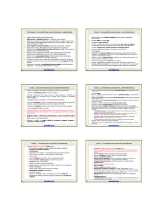 Municípios – Competências administrativas e LegislativasMunicípios – Competências administrativas e Legislativas
• Legislar sobre assuntos de interesse local;
• Suplementar a legislação federal e a estadual no que couber;
• Instituir e arrecadar os tributos de sua competência, e aplicar suas rendas,
sem prejuízo da obrigatoriedade de prestar contas e publicar balancetes
nos prazos fixados em lei;
• Criar, organizar e suprimir distritos, observada a legislação estadual;
• Organizar e prestar, diretamente ou sob regime de concessão ou
permissão, os serviços públicos de interesse local, incluído o de transporte
coletivo, que tem caráter essencial;
• Manter, com a cooperação técnica e financeira da União e do Estado,
programas de educação pré-escolar e de ensino fundamental;
• Prestar, com a cooperação técnica e financeira da União e do Estado,
serviços de atendimento à saúde da população;
• Promover, no que couber, adequado ordenamento territorial, mediante
planejamento e controle do uso, do parcelamento e da ocupação do solo
urbano;
• Promover a proteção do patrimônio histórico-cultural local, observada a
legislação e a ação fiscalizadora federal e estadual
WWW.SUPERPROVAS.COM
União – Competências exclusivas (administrativas)União – Competências exclusivas (administrativas)
• Manter relações com Estados estrangeiros e participar de organizações
internacionais;
• Declarar guerra e celebrar paz;
• Assegurar a defesa nacional;
• Permitir, nos casos previstos em lei complementar, que forças estrangeiras
transitem pelo território nacional ou nele permaneçam temporariamente;
• Decretar estado de sítio, estado de defesa e intervenção federal;
• Autorizar e fiscalizar produção e comércio de material bélico;
• Emitir moeda;
• Administrar as reservas cambiais do País e fiscalizar as operações de natureza
financeira, especialmente as de crédito, câmbio e capitalização, bem como as de
seguros e de previdência privada;
• Elaborar e executar planos nacionais e regionais de ordenação do território e de
desenvolvimento econômico e social;
• Manter o serviço postal e o correio aéreo nacional;
• Explorar, diretamente ou mediante autorização, concessão ou permissão, os
serviços de telecomunicações, nos termos da lei, que disporá sobre a organização
dos serviços, a criação de um órgão regulador e outros aspectos institucionais
WWW.SUPERPROVAS.COM
União – Competências exclusivas (administrativas)União – Competências exclusivas (administrativas)
• Explorar, diretamente ou mediante autorização, concessão ou permissão:
-Serviços de radiodifusão sonora e de sons e imagens;
-Serviços e instalações de energia elétrica e o aproveitamento energético dos
cursos de água, em articulação com os Estados onde se situam os potenciais
hidroenergéticos;
-Navegação aérea, aeroespacial e a infra-estrutura aeroportuária;
-Serviços de transporte ferroviário e aquaviário entre portos brasileiros e fronteiras
nacionais, ou que transponham os limites de Estado ou Território;
-Serviços de transporte rodoviário interestadual e internacional de passageiros;
-Portos marítimos, fluviais e lacustres;
• Organização judiciária, do Ministério Público do Distrito Federal e dos Territórios e
da Defensoria Pública dos Territórios, bem como organização administrativa destes
(EC 69/2012);
• Organizar e manter a polícia civil, a polícia militar e o corpo de bombeiros militar
do DF, bem como prestar assistência financeira ao DF para a execução de serviços
públicos, por meio de fundo próprio;
• Organizar e manter os serviços oficiais de estatística, geografia, geologia e
cartografia de âmbito nacional;
WWW.SUPERPROVAS.COM
União – Competências exclusivas (administrativas)União – Competências exclusivas (administrativas)
• Exercer a classificação, para efeito indicativo, de diversões públicas e de programas de rádio
e televisão;
• Conceder anistia;
• Planejar e promover a defesa permanente contra as calamidades públicas, especialmente as
secas e as inundações;
• Instituir sistema nacional de gerenciamento de recursos hídricos e definir critérios de outorga
de direitos de seu uso;
• Instituir diretrizes para o desenvolvimento urbano, inclusive habitação, saneamento básico e
transportes urbanos;
• Estabelecer princípios e diretrizes para o sistema nacional de viação;
• Executar os serviços de polícia marítima,aeroportuária e de fronteiras;
• Explorar os serviços e instalações nucleares de qualquer natureza e exercer monopólio
estatal sobre a pesquisa, a lavra, o enriquecimento e reprocessamento, a industrialização e o
comércio de minérios nucleares e seus derivados, atendidos os seguintes princípios e
condições:
– Toda atividade nuclear em território nacional somente será admitida para fins pacíficos e
mediante aprovação do Congresso Nacional;
– Sob regime de concessão ou permissão são autorizadas a comercialização e a utilização de
radioisótopos para a pesquisa e usos médicos, agrícolas e industriais;
– Sob regime de permissão, são autorizadas a produção, comercialização e utilização de
radioisótopos de meia-vida igual ou inferior a duas horas;
– A responsabilidade civil por danos nucleares independe da existência de culpa;
• Organizar, manter e executar a inspeção do trabalho;
• Estabelecer as áreas e as condições para o exercício da atividade de garimpagem, em forma
associativa.
WWW.SUPERPROVAS.COM
União – Competências privativas (legislativas)União – Competências privativas (legislativas)
• Compete privativamente à União legislar sobre:
– Direito civil, comercial, penal, processual, eleitoral, agrário, marítimo,
aeronáutico, espacial e do trabalho;
– Desapropriação;
– Requisições civis e militares, se em iminente perigo e em tempo de guerra;
– Águas, energia, informática, telecomunicações e radiodifusão;
– Serviço postal;
– Sistema monetário e de medidas, títulos e garantias dos metais;
– Política de crédito, câmbio, seguros e transferência de valores;
– Comércio exterior e interestadual;
– Diretrizes da política nacional de transportes;
– Regime dos portos, navegação lacustre, fluvial, marítima, aérea e aeroespacial;
– Trânsito e transporte;
– Jazidas, minas, outros recursos minerais e metalurgia;
– Nacionalidade, cidadania e naturalização;
– Populações indígenas;
– Emigração e imigração, entrada, extradição e expulsão de estrangeiros;
– Organização do sistema nacional de emprego e condições para o exercício de
profissões;
WWW.SUPERPROVAS.COM
União – Competências privativas (legislativas)União – Competências privativas (legislativas)
– Compete privativamente à União legislar sobre:
– Organização judiciária, do Ministério Público do Distrito Federal e dos Territórios e da
Defensoria Pública dos Territórios, bem como organização administrativa destes (EC
69/2012
– Sistema estatístico, sistema cartográfico e de geologia nacionais;
– Sistemas de poupança, captação e garantia da poupança popular;
– Sistemas de consórcios e sorteios;
– Normas gerais de organização, efetivos, material bélico, garantias, convocação e
mobilização das polícias militares e corpos de bombeiros militares;
– Competência da polícia federal e das polícias rodoviária e ferroviária federais;
– Seguridade social;
– Diretrizes e bases da educação nacional;
– Registros públicos;
– Atividades nucleares de qualquer natureza;
– Normas gerais de licitação e contratação, em todas as modalidades, para as
administrações públicas diretas, autárquicas e fundacionais da União, Estados, Distrito
Federal e Municípios, obedecido o disposto no art. 37, XXI, e para as empresas públicas e
sociedades de economia mista, nos termos do art. 173, § 1º, III;
– Defesa territorial,defesa aeroespacial, defesa marítima, defesa civil e mobilização
nacional;
– Propaganda comercial.
– Lei complementar poderá autorizar os Estados a legislar sobre questões específicas das
matérias relacionadas neste artigo.
WWW.SUPERPROVAS.COM
 