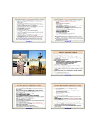 Competência Legislativa Comum aos Estados/União/DF e MunicípiosCompetência Legislativa Comum aos Estados/União/DF e Municípios
• Compete à União, aos Estados e ao Distrito Federal legislar concorrentemente sobre:
– Zelar pela guarda da Constituição, das leis e das instituições democráticas e conservar o
patrimônio público;
– Cuidar da saúde e assistência pública, da proteção e garantia das pessoas portadoras de
deficiência;
– Proteger os documentos, as obras e outros bens de valor histórico, artístico e cultural, os
monumentos, as paisagens naturais notáveis e os sítios arqueológicos;
– Impedir a evasão, a destruição e a descaracterização de obras de arte e de outros bens de
valor histórico, artístico ou cultural;
– Proporcionar os meios de acesso à cultura, à educação e à ciência;
– Proteger meio ambiente e combater poluição
– Preservar as florestas, a fauna e a flora;
– Fomentar produção agropecuária e organizar abastecimento alimentar;
– Promover programas de construção de moradias e a melhoria das condições habitacionais e de
saneamento básico;
– Combater as causas da pobreza e os fatores de marginalização, promovendo a integração
social dos setores desfavorecidos;
– Registrar, acompanhar e fiscalizar as concessões de direitos de pesquisa e exploração de
recursos hídricos e minerais em seus territórios;
– Estabelecer e implantar política de educação p/ segurança do trânsito.
– Lei complementar fixará normas para a cooperação entre a União e os Estados, o Distrito
Federal e os Municípios, tendo em vista o equilíbrio do desenvolvimento e do bem-estar em
âmbito nacional
• Nota: Leis complementares fixarão normas para a cooperação entre a União e os Estados, o Distrito
Federal e os Municípios, tendo em vista o equilíbrio do desenvolvimento e do bem-estar em âmbito
nacional. (Atualizado pela EC 53/2006)
WWW.SUPERPROVAS.COM
Competência Legislativa Concorrente aos Estados/União/DF e MunicípiosCompetência Legislativa Concorrente aos Estados/União/DF e Municípios
• Compete à União, aos Estados e ao Distrito Federal legislar concorrentemente sobre:
– Direito tributário, financeiro, penitenciário, econômico e urbanístico;
– Orçamento;
– Juntas comerciais e custas dos serviços forenses;
– Produção e consumo;
– Florestas, caça, pesca, fauna, conservação da natureza, defesa do solo e dos recursos naturais,
Proteção meio ambiente e controle poluição;
– Proteção patrimônio histórico,cultural,artístico,turístico, paisagístico;
– Responsabilidade por dano ao meio ambiente, ao consumidor, a bens e direitos de valor
artístico, estético, histórico, turístico e paisagístico;
– Educação, cultura, ensino e desporto;
– Criação, funcionamento e processo do juizado de pequenas causas;
– Procedimentos em matéria processual;
– Previdência social, proteção e defesa da saúde;
– Assistência jurídica e defensoria pública;
– Proteção e integração social das pessoas portadoras de deficiência;
– Proteção à infância e à juventude;
– Organização, garantias, direitos e deveres das polícias civis.
Nota 1: No âmbito da legislação concorrente, a União limitar-se-á a estabelecer normas gerais a
competência da União para legislar sobre normas gerais não exclui a competência suplementar
dos Estados.
Nota 2: Inexistindo lei federal sobre normas gerais, os Estados exercerão a competência legislativa
plena, para atender a suas peculiaridades.
Nota 3: A superveniência de lei federal sobre normas gerais suspende a eficácia da lei estadual, no
que lhe for contrário.
WWW.SUPERPROVAS.COM
WWW.SUPERPROVAS.COM
EXECUTIVO E JUDICIÁRIO
Executivo – Atribuições do PresidenteExecutivo – Atribuições do Presidente
• Nomear e exonerar os Ministros de Estado;
• Exercer, c/ auxílio dos Ministros, a direção superior da administração federal;
• Iniciar o processo legislativo, na forma e nos casos previstos nesta CF;
• Sancionar, promulgar e fazer publicar as leis, e expedir decretos e regulamentos para
sua fiel execução;
• Vetar projetos de lei, total ou parcialmente;
• Dispor, mediante decreto, sobre :
– organização e funcionamento da administração federal, quando não implicar
aumento de despesa nem criação ou extinção de órgãos públicos;
– extinção de funções ou cargos públicos, quando vagos;
• Manter relações c/ Estados estrangeiros
• Celebrar tratados, convenções e atos internacionais, c/ referendo do Congresso
• Decretar o estado de defesa e o estado de sítio;
• Decretar e executar a intervenção federal;
• Remeter mensagem e plano de governo ao Congresso Nacional por ocasião da abertura
da sessão legislativa, expondo a situação do País e solicitando as providências que julgar
necessárias;
• Conceder indulto e comutar penas, c/ audiência, se preciso, dos órgãos instituídos em
lei;
• Editar medidas provisórias com força de lei;
• Exercer outras atribuições previstas nesta CF.
WWW.SUPERPROVAS.COM
Executivo – Atribuições do Presidente da RepúblicaExecutivo – Atribuições do Presidente da República
• Exercer o comando supremo das Forças Armadas,nomear os Comandantes da Marinha, do
Exército e da Aeronáutica, promover seus oficiais-generais e nomeá-los para os cargos que
lhes são privativos;
• Nomear, após aprovação pelo Senado, os Ministros do STF e dos Tribunais Superiores, os
Governadores de Territórios, o Procurador-Geral da República, o presidente e os diretores do
banco central e outros servidores, quando determinado em lei;
• Nomear os Ministros do TCU;
• Nomear os magistrados, nos casos previstos na CF, e o AGU;
• Nomear membros do Conselho da República;
• Convocar e presidir Conselho da República e Conselho de Defesa Nacional
• Declarar guerra, no caso de agressão estrangeira, autorizado pelo Congresso ou referendado
por ele, quando ocorrida no intervalo das sessões legislativas, e, nas mesmas condições,
decretar, total ou parcialmente, a mobilização nacional;
• Celebrar a paz, autorizado ou com o referendo do Congresso;
• Conferir condecorações e distinções honoríficas;
• Permitir, nos casos previstos em lei complementar, que forças estrangeiras transitem no país
ou permaneçam temporariamente;
• Enviar ao Congresso plano plurianual, o projeto de lei de diretrizes orçamentárias e as
propostas de orçamento previstos nesta CF;
• Prestar, anualmente, ao Congresso, dentro de 60 dias após a abertura da sessão legislativa, as
contas referentes ao exercício anterior;
• Prover e extinguir os cargos públicos federais, na forma da lei;
* Presidente pode delegar aos Ministros, ao Procurador-Geral ou ao AGU
WWW.SUPERPROVAS.COM
Executivo – Responsabilidade do Presidente da RepúblicaExecutivo – Responsabilidade do Presidente da República
• São crimes de responsabilidade os atos do Presidente que atentem contra:
– Constituição Federal.
– Existência da União;
– Livre exercício do Poder Legislativo, do Poder Judiciário, do Ministério Público e dos Poderes
constitucionais das unidades da Federação;
– Exercício dos direitos políticos, individuais e sociais;
– Segurança interna do País;
– Probidade na administração;
– Lei orçamentária;
– Cumprimento das leis e das decisões judiciais.
• Esses crimes serão definidos em lei especial, que estabelecerá as normas de processo e
julgamento.
• Admitida a acusação contra o Presidente, por 2/3 da Câmara dos Deputados, será ele
submetido a julgamento perante o STF, nas infrações penais comuns, ou perante o Senado, nos
crimes de responsabilidade.
• Presidente ficará suspenso de suas funções:
– Nas infrações penais comuns, se recebida a denúncia ou queixa-crime pelo STF
– Nos crimes de responsabilidade, após a instauração do processo pelo Senado
• Se, decorrido o prazo de 180 dias, o julgamento não estiver concluído, cessará o afastamento
do Presidente, sem prejuízo do regular prosseguimento do processo.
• Enquanto não sobrevier sentença condenatória, nas infrações comuns, o Presidente não
estará sujeito a prisão.
WWW.SUPERPROVAS.COM
 