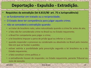 Deportação - Expulsão - Extradição.
• Requisitos da extradição (lei 6.815/80 art. 75 e Jurisprudência)
 – se fundamentar em tratado ou a reciprocidade;
 – O Estado deve ter competência para julgar aquele crime;
 – não se concederá a extradição quando:
   • se tratar de brasileiro nato, salvo naturalizado quando o crime for antes do ato;
   • o fato não for considerado crime no Brasil ou no Estado requerente;
   • o Brasil for competente para julgar o crime;
   • a lei brasileira impuser a pena de prisão igual ou inferior a 1 ano;
   • quando responder a processo ou condenado ou absolvido no Brasil pelo mesmo
     fato em que se fundar o pedido;
   • estiver extinta a punibilidade pela prescrição segundo a lei brasileira ou a do
     Estado requerente;
   • o fato constituir crime político; e
   • o extraditando houver de responder, no Estado requerente, perante Tribunal ou
     Juízo de exceção.
   28/1/2013                           Notas de Aula                              20
 