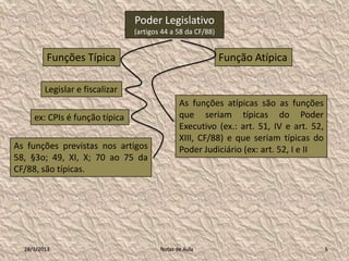 Poder Legislativo
                                 (artigos 44 a 58 da CF/88)


         Funções Típica                                       Função Atípica

         Legislar e fiscalizar
                                                As funções atípicas são as funções
     ex: CPIs é função típica                   que seriam típicas do Poder
                                                Executivo (ex.: art. 51, IV e art. 52,
                                                XIII, CF/88) e que seriam típicas do
As funções previstas nos artigos                Poder Judiciário (ex: art. 52, I e II
58, §3o; 49, XI, X; 70 ao 75 da
CF/88, são típicas.




  28/1/2013                              Notas de Aula                                   5
 