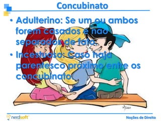 Concubinato
• Adulterino: Se um ou ambos
forem casados e não
separados de fato.
• Incestuoso: Caso haja
parentesco próximo entre os
concubinato.

Noções de Direito

 
