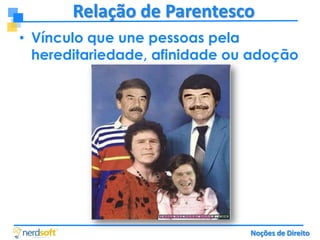 Relação de Parentesco
• Vínculo que une pessoas pela
hereditariedade, afinidade ou adoção

Noções de Direito

 