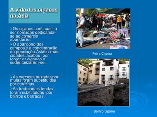 A vida dos ciganos na Ásia Os ciganos continuam a ser nómadas dedicando-se ao comércio abundante. O abandono dos campos e a concentração da população Asiática nas cidades, acabou  por forçar os ciganos a sedentarizarem-se. As carroças puxadas por mulas foram substituídas por carrinhas. As tradicionais tendas foram substituídas  por  bairros e barracas. Feira Cigana Bairro Cigano 