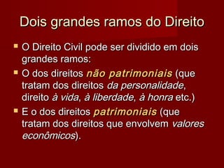 Dois grandes ramos do DireitoDois grandes ramos do Direito
 O Direito Civil pode ser dividido em doisO Direito Civil pode ser dividido em dois
grandes ramos:grandes ramos:
 O dos direitosO dos direitos não patrimoniaisnão patrimoniais (que(que
tratam dos direitostratam dos direitos da personalidadeda personalidade,,
direitodireito à vidaà vida,, à liberdadeà liberdade,, à honraà honra etc.)etc.)
 E o dos direitosE o dos direitos patrimoniaispatrimoniais (que(que
tratam dos direitos que envolvemtratam dos direitos que envolvem valoresvalores
econômicoseconômicos).).
 