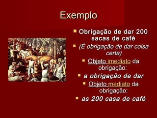 ExemploExemplo
 Obrigação de dar 200Obrigação de dar 200
sacas de cafésacas de café
 (É obrigação de dar coisa(É obrigação de dar coisa
certa)certa)
 ObjetoObjeto imediatoimediato dada
obrigação:obrigação:
 a obrigação de dara obrigação de dar
 ObjetoObjeto mediatomediato dada
obrigação:obrigação:
 as 200 casa de caféas 200 casa de café
 