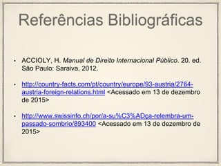 Referências Bibliográficas
• ACCIOLY, H. Manual de Direito Internacional Público. 20. ed.
São Paulo: Saraiva, 2012.
• http://country-facts.com/pt/country/europe/93-austria/2764-
austria-foreign-relations.html <Acessado em 13 de dezembro
de 2015>
• http://www.swissinfo.ch/por/a-su%C3%ADça-relembra-um-
passado-sombrio/893400 <Acessado em 13 de dezembro de
2015>
 