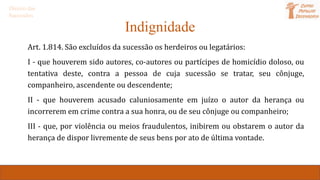 Indignidade
Art. 1.814. São excluídos da sucessão os herdeiros ou legatários:
I - que houverem sido autores, co-autores ou partícipes de homicídio doloso, ou
tentativa deste, contra a pessoa de cuja sucessão se tratar, seu cônjuge,
companheiro, ascendente ou descendente;
II - que houverem acusado caluniosamente em juízo o autor da herança ou
incorrerem em crime contra a sua honra, ou de seu cônjuge ou companheiro;
III - que, por violência ou meios fraudulentos, inibirem ou obstarem o autor da
herança de dispor livremente de seus bens por ato de última vontade.
Direito das
Sucessões
 