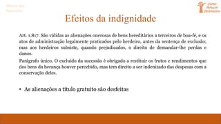 Efeitos da indignidade
Art. 1.817. São válidas as alienações onerosas de bens hereditários a terceiros de boa-fé, e os
atos de administração legalmente praticados pelo herdeiro, antes da sentença de exclusão;
mas aos herdeiros subsiste, quando prejudicados, o direito de demandar-lhe perdas e
danos.
Parágrafo único. O excluído da sucessão é obrigado a restituir os frutos e rendimentos que
dos bens da herança houver percebido, mas tem direito a ser indenizado das despesas com a
conservação deles.
• As alienações a título gratuito são desfeitas
Direito das
Sucessões
 