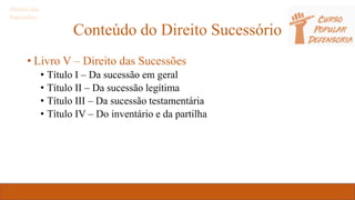 Conteúdo do Direito Sucessório
• Livro V – Direito das Sucessões
• Título I – Da sucessão em geral
• Título II – Da sucessão legítima
• Título III – Da sucessão testamentária
• Título IV – Do inventário e da partilha
Direito das
Sucessões
 