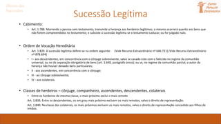 Sucessão Legítima
• Cabimento:
• Art. 1.788. Morrendo a pessoa sem testamento, transmite a herança aos herdeiros legítimos; o mesmo ocorrerá quanto aos bens que
não forem compreendidos no testamento; e subsiste a sucessão legítima se o testamento caducar, ou for julgado nulo.
• Ordem de Vocação Hereditária
• Art. 1.829. A sucessão legítima defere-se na ordem seguinte: (Vide Recurso Extraordinário nº 646.721) (Vide Recurso Extraordinário
nº 878.694)
• I - aos descendentes, em concorrência com o cônjuge sobrevivente, salvo se casado este com o falecido no regime da comunhão
universal, ou no da separação obrigatória de bens (art. 1.640, parágrafo único); ou se, no regime da comunhão parcial, o autor da
herança não houver deixado bens particulares;
• II - aos ascendentes, em concorrência com o cônjuge;
• III - ao cônjuge sobrevivente;
• IV - aos colaterais.
• Classes de herdeiros – cônjuge, companheiro, ascendentes, descendentes, colaterais
• Entre os herdeiros de mesma classe, o mais próximo exclui o mais remoto
Art. 1.833. Entre os descendentes, os em grau mais próximo excluem os mais remotos, salvo o direito de representação.
Art. 1.840. Na classe dos colaterais, os mais próximos excluem os mais remotos, salvo o direito de representação concedido aos filhos de
irmãos.
Direito das
Sucessões
 