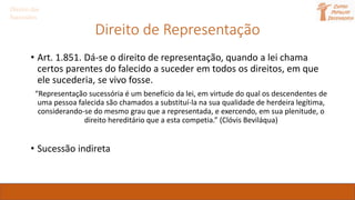 Direito de Representação
• Art. 1.851. Dá-se o direito de representação, quando a lei chama
certos parentes do falecido a suceder em todos os direitos, em que
ele sucederia, se vivo fosse.
“Representação sucessória é um benefício da lei, em virtude do qual os descendentes de
uma pessoa falecida são chamados a substituí-la na sua qualidade de herdeira legítima,
considerando-se do mesmo grau que a representada, e exercendo, em sua plenitude, o
direito hereditário que a esta competia.” (Clóvis Beviláqua)
• Sucessão indireta
Direito das
Sucessões
 