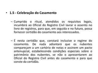 1.5 - Celebração do CasamentoCumprido o ritual, atendidos os requisitos legais, incumbirá ao Oficial do Registro Civil lavrar o assento no livro de registros, para que, em seguida e no futuro, possa fornecer certidão do casamento aos interessados.É nesta certidão que, constará inclusive o regime do casamento. De nada adiantará que os nubentes compareçam a um cartório de notas e assinem um pacto antenupcial, estabelecendo condições especiais sobre o patrimônio dos nubentes, se não o apresentarem ao Oficial do Registro Civil antes do casamento e para que conste da certidão.