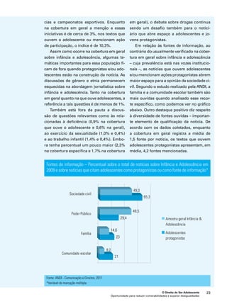 em geral), o debate sobre drogas continua 
sendo um desafio também para o notici-ário 
que abre espaço a adolescentes e jo-vens 
protagonistas. 
Em relação às fontes de informação, ao 
contrário do usualmente verificado na cober-tura 
em geral sobre infância e adolescência 
– cuja prevalência está nas vozes institucio-nais 
–, as notícias que ouvem adolescentes 
e/ou mencionam ações protagonistas abrem 
maior espaço para a opinião da sociedade ci-vil. 
Segundo o estudo realizado pela ANDI, a 
família e a comunidade escolar também são 
mais ouvidas quando analisado esse recor-te 
específico, como podemos ver no gráfico 
abaixo. Outro destaque positivo diz respeito 
à diversidade de fontes ouvidas – importan-te 
elemento de qualificação da notícia. De 
acordo com os dados coletados, enquanto 
a cobertura em geral registra a média de 
1,5 fonte por notícia, os textos que ouvem 
adolescentes protagonistas apresentam, em 
média, 4,2 fontes mencionadas. 
Fontes de informação – Percentual sobre o total de notícias sobre Infância e Adolescência em 
2009 e sobre notícias que citam adolescentes como protagonistas ou como fonte de informação* 
O Direito de Ser Adolescente 23 
cias e campeonatos esportivos. Enquanto 
na cobertura em geral a menção a essas 
iniciativas é de cerca de 3%, nos textos que 
ouvem o adolescente ou mencionam ação 
de participação, o índice é de 10,3%. 
Assim como ocorre na cobertura em geral 
sobre infância e adolescência, algumas te-máticas 
importantes para essa população fi-cam 
de fora quando protagonistas e/ou ado-lescentes 
estão na construção da notícia. As 
discussões de gênero e etnia permanecem 
esquecidas na abordagem jornalística sobre 
infância e adolescência. Tanto na cobertura 
em geral quanto na que ouve adolescentes, a 
referência a tais questões é de menos de 1%. 
Também está fora da pauta a discus-são 
de questões relevantes como às rela-cionadas 
à deficiência (0,9% na cobertura 
que ouve o adolescente e 0,6% na geral), 
ao exercício da sexualidade (1,0% e 0,4%) 
e ao trabalho infantil (1,4% e 0,4%). Embo-ra 
tenha percentual um pouco maior (2,3% 
na cobertura específica e 1,7% na cobertura 
Oportunidade para reduzir vulnerabilidades e superar desigualdades 
Fonte: ANDI - Comunicação e Direitos, 2011 
*Variável de marcação múltipla. 
 