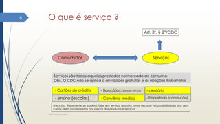 O que é serviço ?
Elder Barbosa Leite
6
Consumidor Serviços
Serviços são todos aqueles prestados no mercado de consumo.
Obs. O CDC não se aplica a atividades gratuitas e às relações trabalhistas
- Cartões de crédito - Bancários: Súmula 297/STJ - dentário
- ensino (escolas) - Convênio médico - Empreitada (construção)
Atenção: Raramente se poderá falar em serviço gratuito, uma vez que há possibilidades dos seus
custos virem incorporados nos preços dos produtos e serviços.
Art. 3º. § 2º/CDC
 