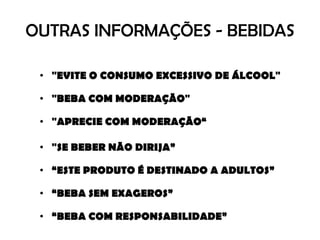 OUTRAS INFORMAÇÕES - BEBIDAS"EVITE O CONSUMO EXCESSIVO DE ÁLCOOL""BEBA COM MODERAÇÃO""APRECIE COM MODERAÇÃO“"SE BEBER NÃO DIRIJA”“ESTE PRODUTO É DESTINADO A ADULTOS”“BEBA SEM EXAGEROS”“BEBA COM RESPONSABILIDADE”