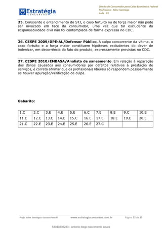 Direito do Consumidor para Caixa Econômica Federal
Professora: Aline Santiago
Aula - 01
Profs. Aline Santiago e Jacson Panichi www.estrategiaconcursos.com.br Página 32 de 35
25. Consoante o entendimento do STJ, o caso fortuito ou de força maior não pode
ser invocado em face do consumidor, uma vez que tal excludente da
responsabilidade civil não foi contemplada de forma expressa no CDC.
26. CESPE 2009/DPE-AL/Defensor Público. A culpa concorrente da vítima, o
caso fortuito e a força maior constituem hipóteses excludentes do dever de
indenizar, em decorrência do fato do produto, expressamente previstas no CDC.
27. CESPE 2010/EMBASA/Analista de saneamento. Em relação à reparação
dos danos causados aos consumidores por defeitos relativos à prestação de
serviços, é correto afirmar que os profissionais liberais só respondem pessoalmente
se houver apuração/verificação de culpa.
Gabarito:
1.C 2.C 3.E 4.E 5.E 6.C 7.E 8.E 9.C 10.E
11.E 12.C 13.E 14.E 15.C 16.E 17.E 18.E 19.E 20.E
21.C 22.E 23.E 24.E 25.E 26.E 27.C
53040236253
53040236253 - antonio diego nascimento souza
 