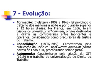 7 - Evolução:
 Formação: Inglaterra (1802 a 1848) lei proibindo o
trabalho dos menores à noite e por duração superior
a 12 horas diárias. Na França, em 1806, foram
criados os conseils prud’hommens, órgãos destinados
a dirimir as controvérsias entre fabricantes e
operários, considerados como precursores da Justiça
do Trabalho.
 Consolidação (1890/1919): Caracterizada pela
publicação da Encíclica Papal Rerum Novarum (coisas
novas) de Leão XIII, preconizando salário justo.
 Autonomia: Caracteriza-se pela criação do OIT
(1919) e o trabalho de universalização do Direito do
Trabalho.
 