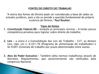 FONTES DO DIREITO DO TRABALHO
“A teoria das fontes do Direito pode ser considerada a base de todos os
estudos jurídicos, pois a ela se prende a questão fundamental da própria
essência do Direito.” Paul Roubier.
Tipos de fontes
1. Constituição Federal/88 - estipula as principais normas – A União possui
competência privativa para legislar sobre direito do trabalho;
2. Leis – a única é a Consolidação das Leis do Trabalho – CLT, as demais
Leis, tipo: Lei n. 6.321/76 (Programa de alimentação do trabalhador) e
lei 9.601 (Contrato de trabalho por prazo determinado) entre outras.
3. Atos do Poder Executivo – Também edita normas trabalhistas através de
Decretos, Regulamentos, que posteriormente são ratificados pelo
congresso Nacional.
 
